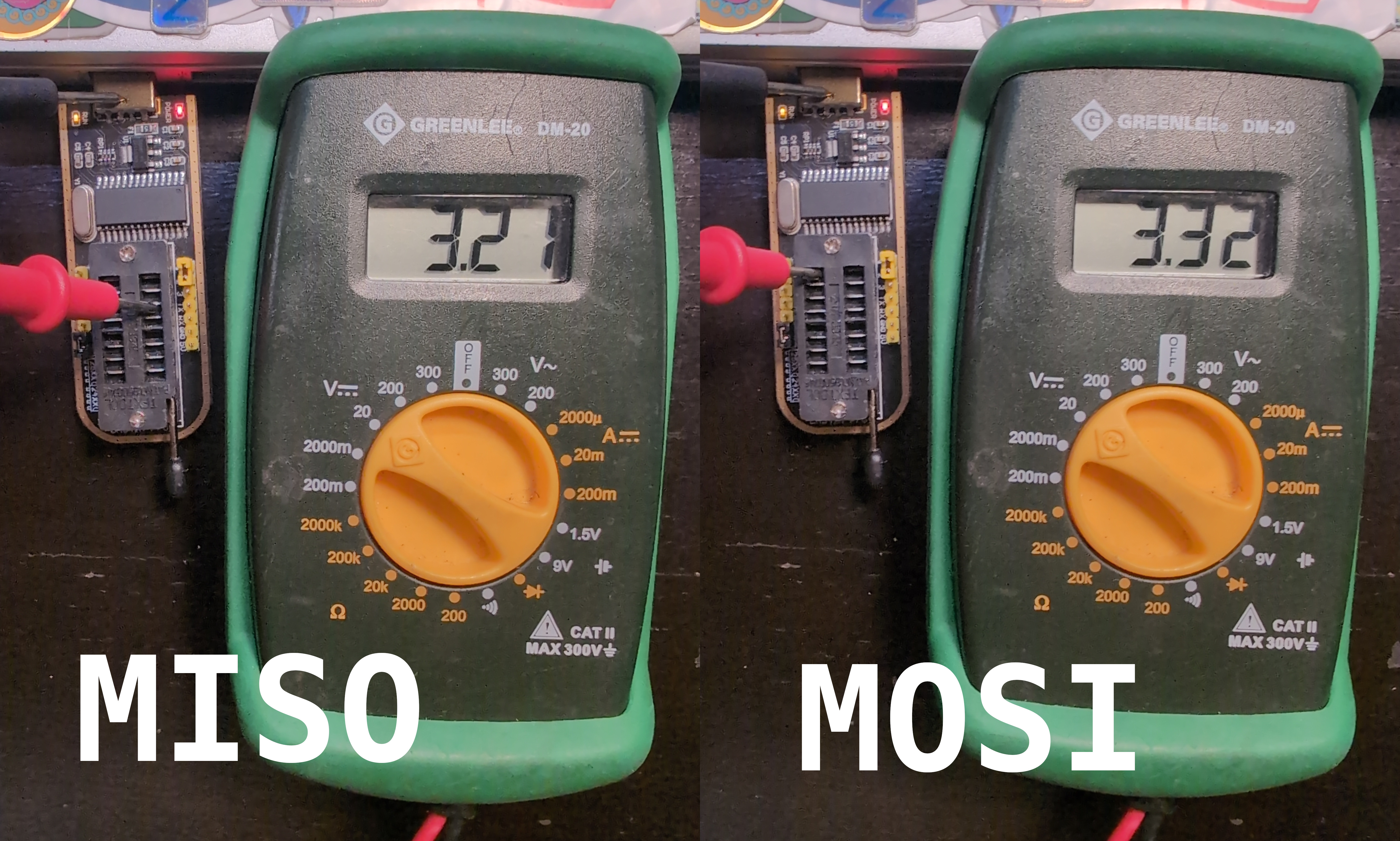 The multimeter reads 3.3 volts on pins 2 and 5