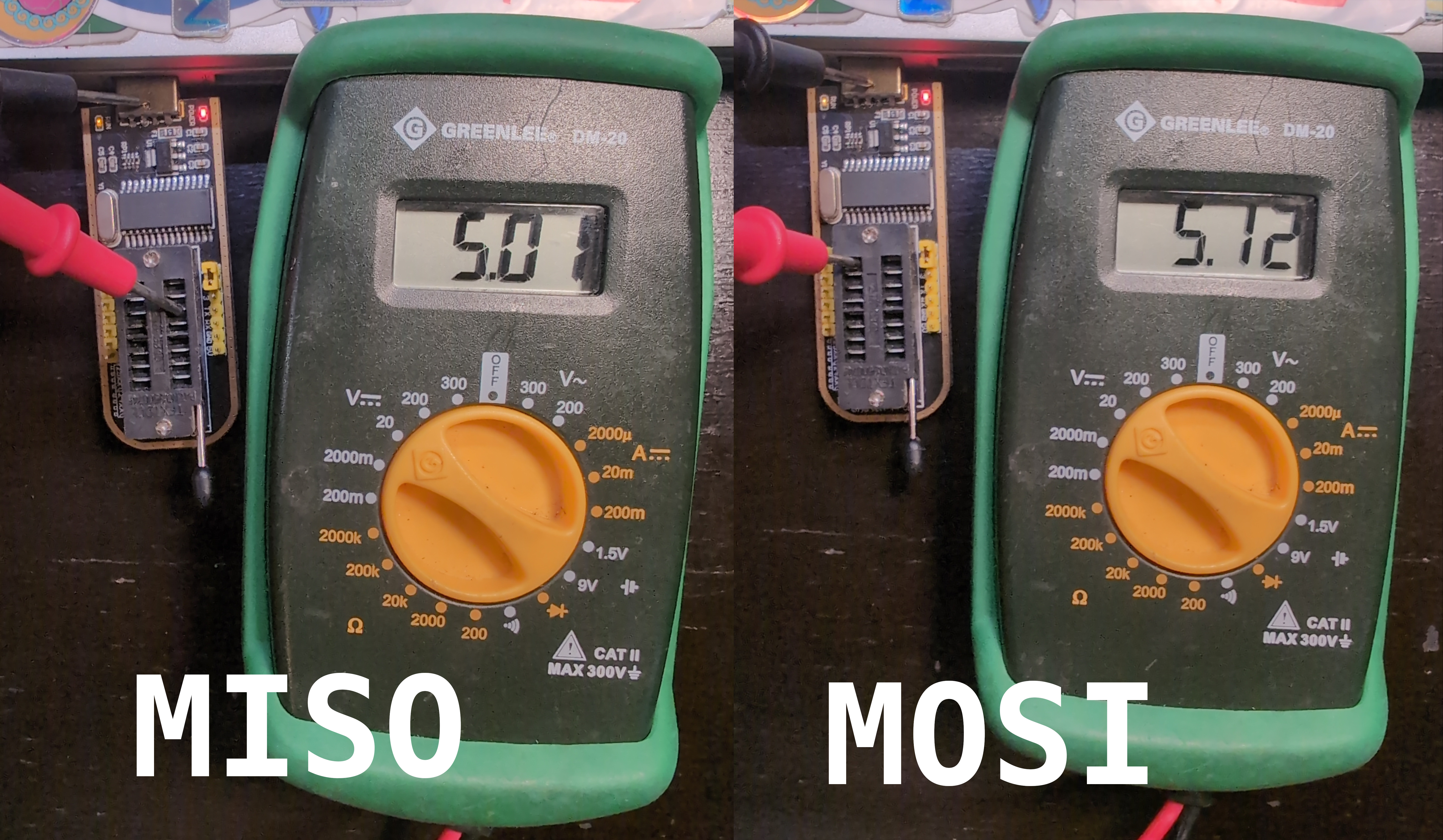 The multimeter reads 5 volts for both pins