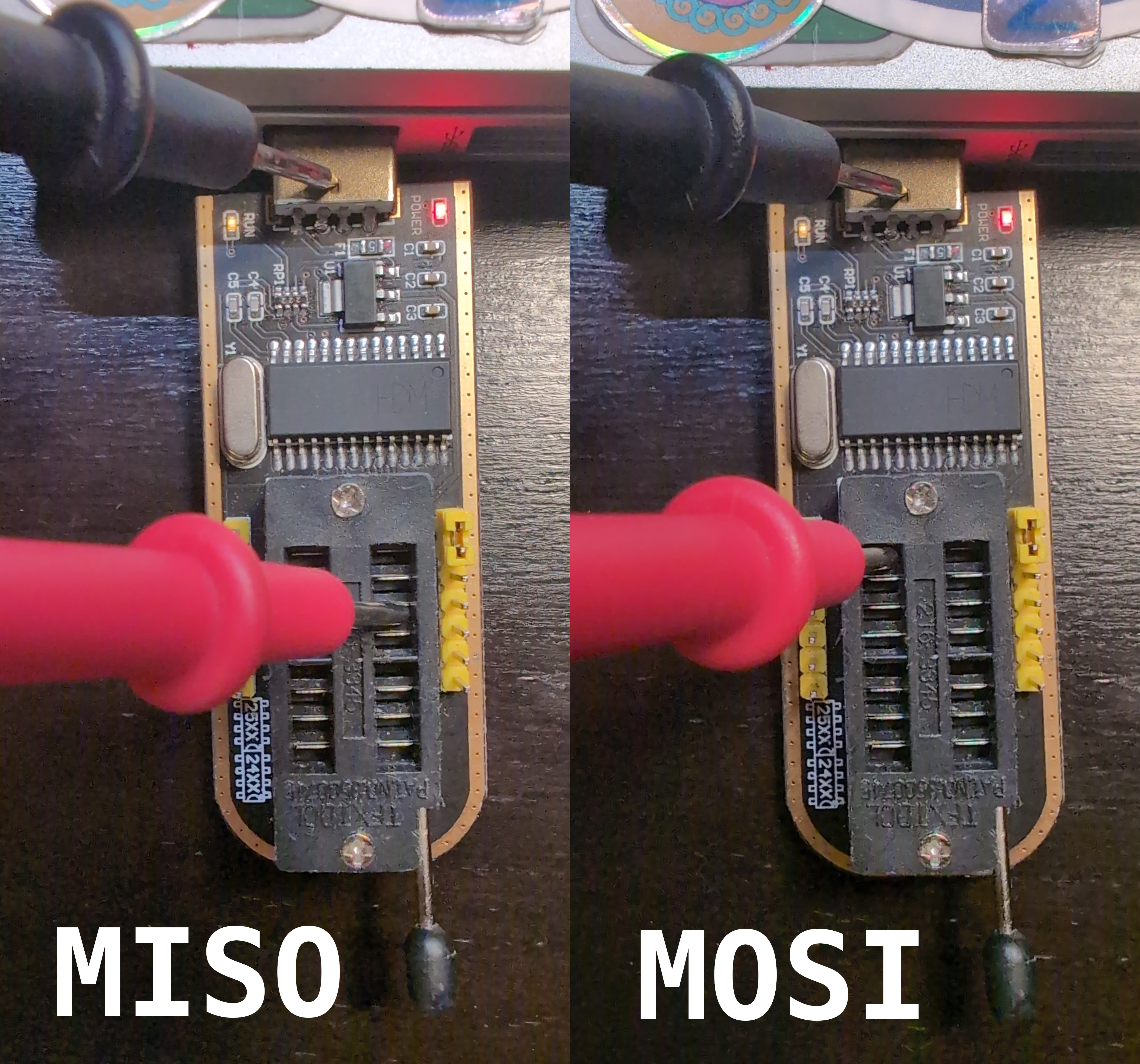 Two images side-by-side of using a multimeter to measure pin 2 and pin 5 respectively