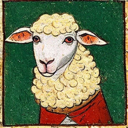 Medieval headshot painting of a sheep in clothes. Notme.